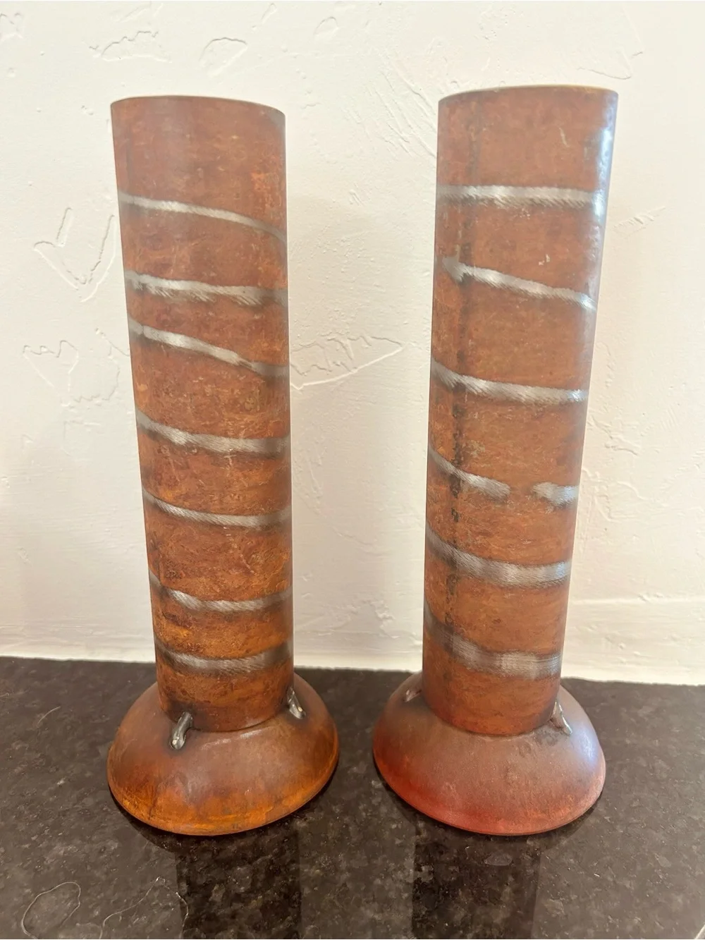 MCM Brutalist Welded Steel Pipe Vases Pair Heavy Industrial Studio Art Decor 9" - Picture 3 of 13